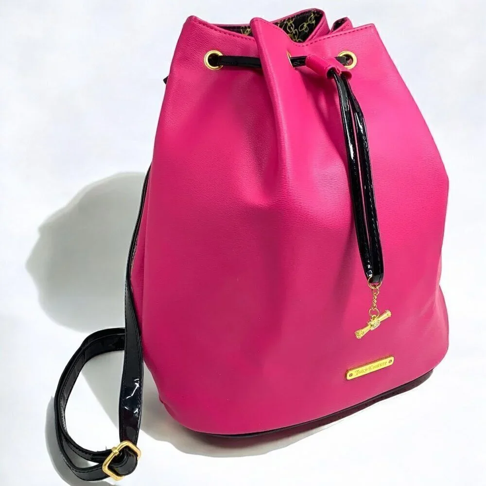 Juicy Couture Hot Pink & Black Drawstring Backpack Faux Patent Leather 12